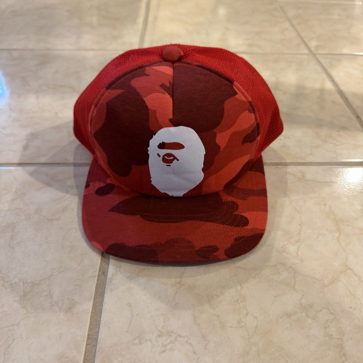 RARE 2016 A Bathing Ape Bape Head RED Camo Trucker Hat BRAND NEW