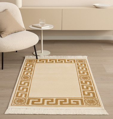 Belle Arti Viskose Teppich Beige mit Seidenglanz & Fransen rutschfest 67x105 cm
