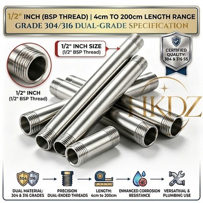 304 316 Stainless Steel Pipe Nipple Extension 1/2'' BSP Male Threaded Fitting Rod