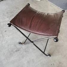 Vintage Antique Leather Saddle Hand Forged Wrought Iron Folding Bench Stool READ