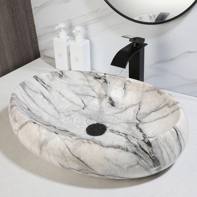 22''x15'' Marbling Bathroom Vessel Sink Oval Ceramic Basin Bowl Combo Black Faucet