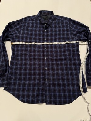 Bugatchi Uomo Men s Blue Patterned Button Up Shirt Shaped Fit L