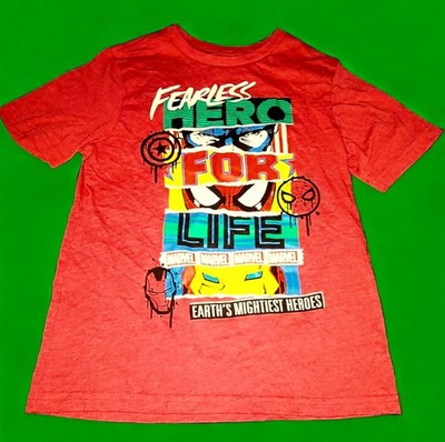 Marvel Boy's Red Graphic Print '' Fearless Hero For Life'' T-shirt Size Medium