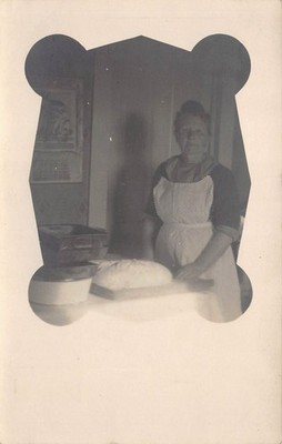 RPPC Woman Making Dough Bread Kitchen 1900s Postcard White Apron Hair Bun