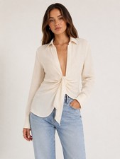 Lioness Giza Plunge Top Womens S Cream Linen ...