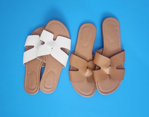 Lot de 2 sandales femme Shoelala taille 8 découpées décontractées à enfiler marron/blanc neuves avec étiquettes.