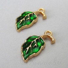 Green Leaf Charms - 20mm Gold Plated Enamel Autumn Charms C2864 - 2, 5 Or 10PCs