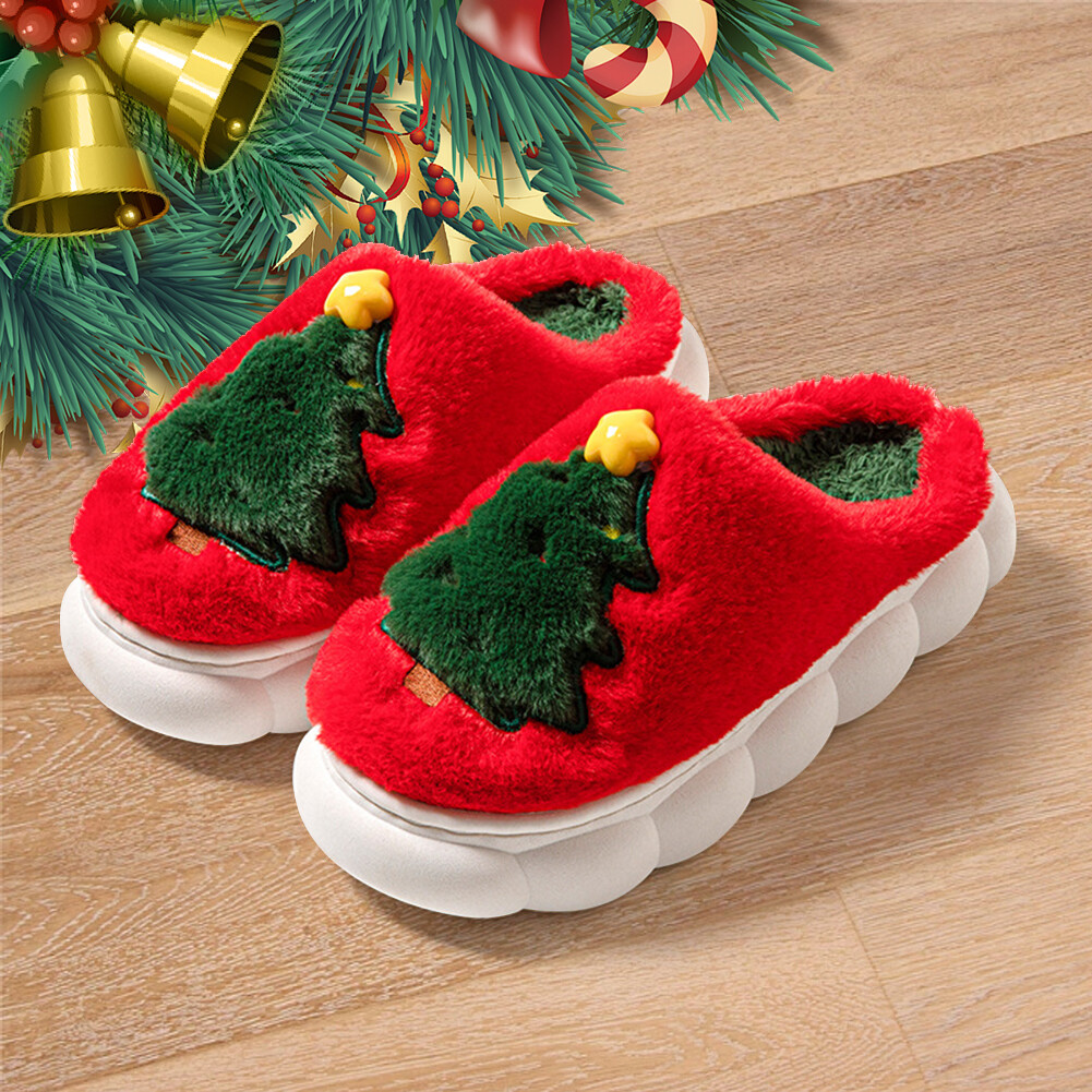 APL Flat Thermal Slippers Furry Xmas Tree Slipper Soft Couple Slippers for Men Women
