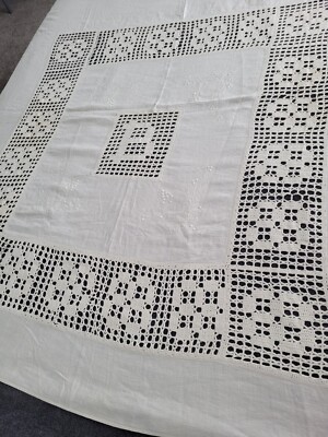 Antique 19thc Linen Bed Cover Coverlet Handmade Lace & Embroidery  Letter B