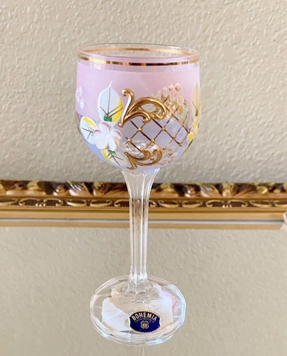 Vtg Bohemian Czech Republic Colored Crystal Enamel Pink Liquor Glass W/ Clear