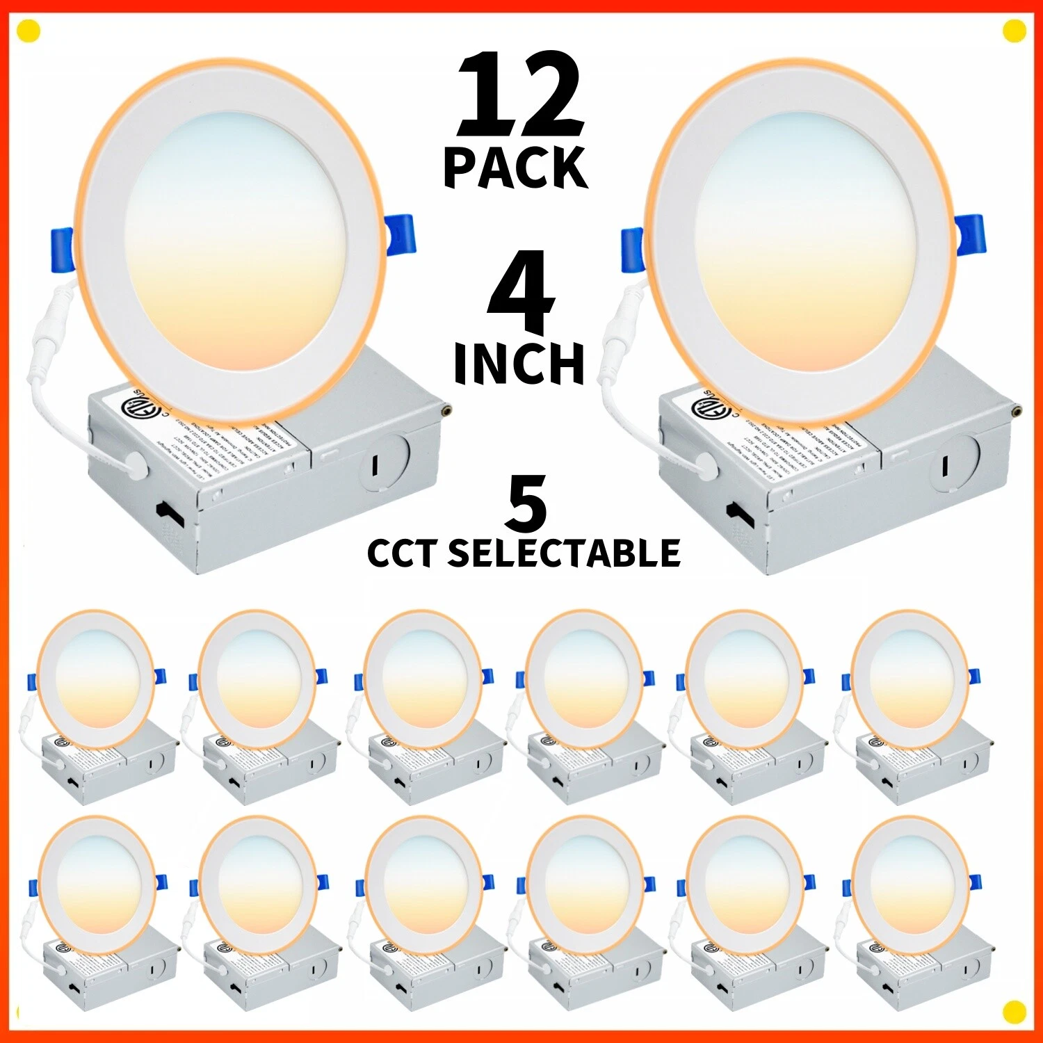12Pack 4 Inch 5CCT 9W Ultra-Thin LED Recessed Lighting with Junction Box,US Ship