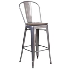 30" Industrial Style Clear Coat Metal Bar Height Restaurant Stool with Wood Seat