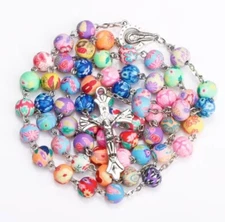 Catholic Rosary Beads Necklace Crucifix Pastel Flower Pattern Polymer Clay Beads