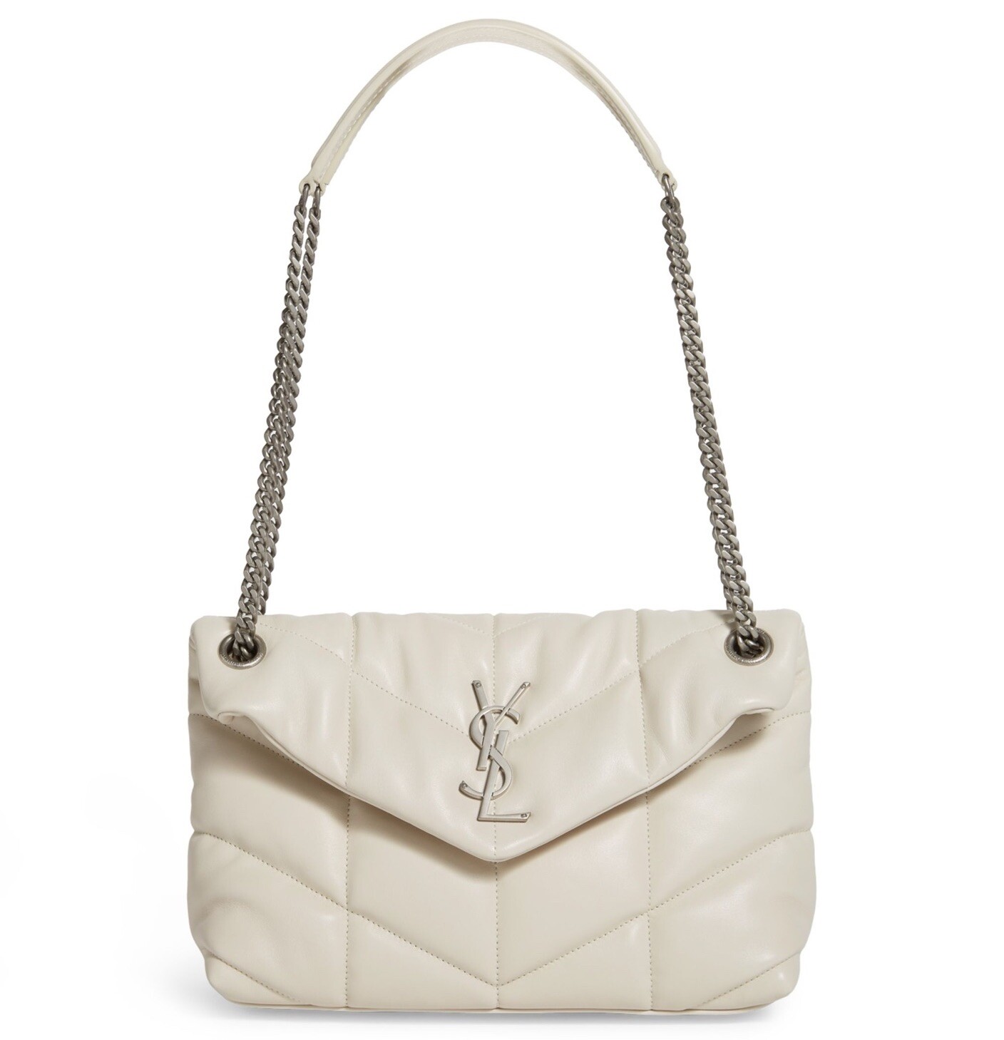 Borsa a tracolla SAINT LAURENT piccola Loulou pelle puffer crema bianco argento $3200+