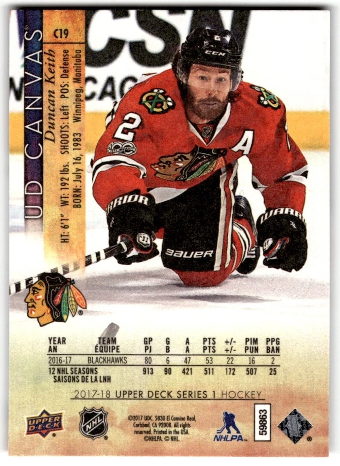 2017-18 Upper Deck UD Canvas Duncan Keith #C19 Chicago Blackhawks - Image 2 of 2