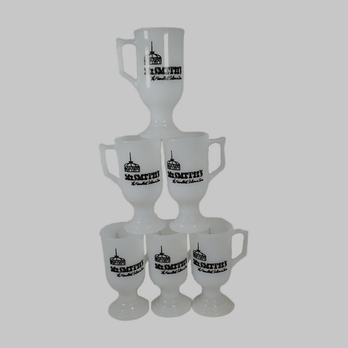 BARWARE MILK GLASS MUG Mr Smith's Washington DC 1960s footed Pyrex Set Lot 6 EUC