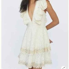 NWT Farm Rio Eyelet Patch Beaded Women's Dress Size M/L ? Creme V Neck Mini $365