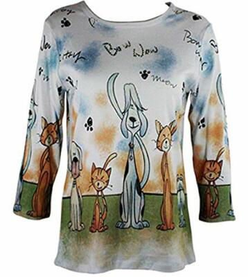 Cactus Fashion - Puppy & Kitty, 3/4 Sleeve, Cotton Print Rhinestone White Top