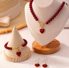 RED HEART  GOLD PENDANT NECKLACE  BRACELET  EARRINGS SET - NEW 