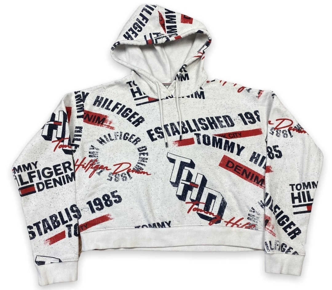 Tommy Hilfiger Womens White Denim Print Cropped Hoodie Pullover Size L