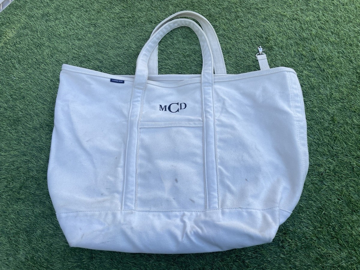 Lands End XL Canvas Open Tote Bag White Cream Classic 5 Pockets