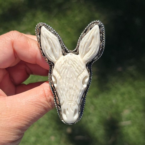 Whimsical Fun Hand Carved Large White Donkey Face Head Ring Adjustable Unique