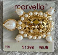 Marvella Gold Tone Polished Faux Pearl Turtle  Pin Brooch 2"