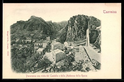 AK Taormina, Panorama con vista del Castello e della Madonna della Rocca 