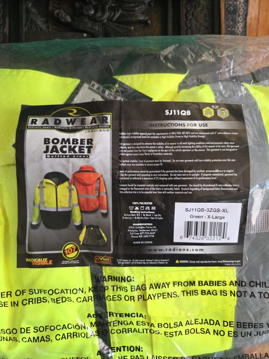 Radians Radwear Hi-Vis Green Bottom Bomber Safety Jacket ANSI Class 3 image 2