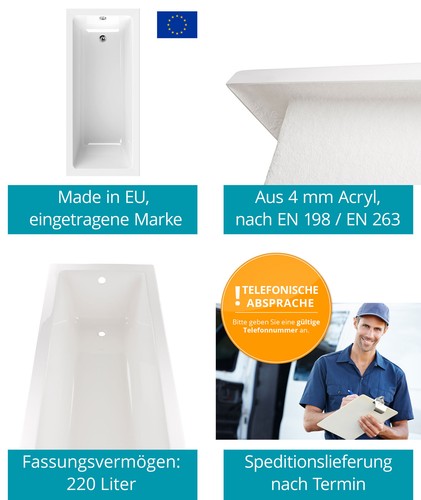 Rechteck-Badewanne 170x75 cm ergonomisch Körperformwanne eckig pflegeleicht - Bild 3 von 12