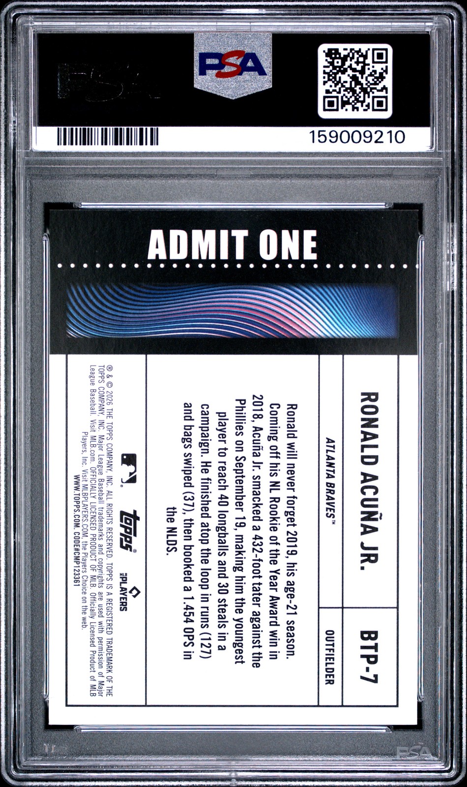 2026 TOPPS BIG TICKET PLAYER PINK FOIL #7 RONALD ACUNA JR. PSA 10 view 2
