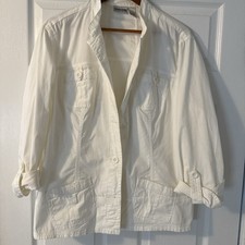Chico's White Button-Front Jacket Size 3 Relaxed Fit 3/4 Sleeve Pockets