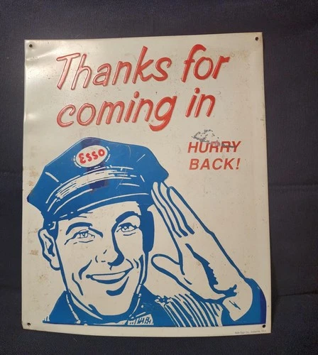 Vintage Esso Gas Station Metal Sign 12x14.5 Thanks For Coming In Hurry Back