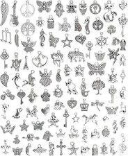 100 Pcs Silver Charms for Jewelry Making Mixed Lot Pendants Bracelet Necklac.