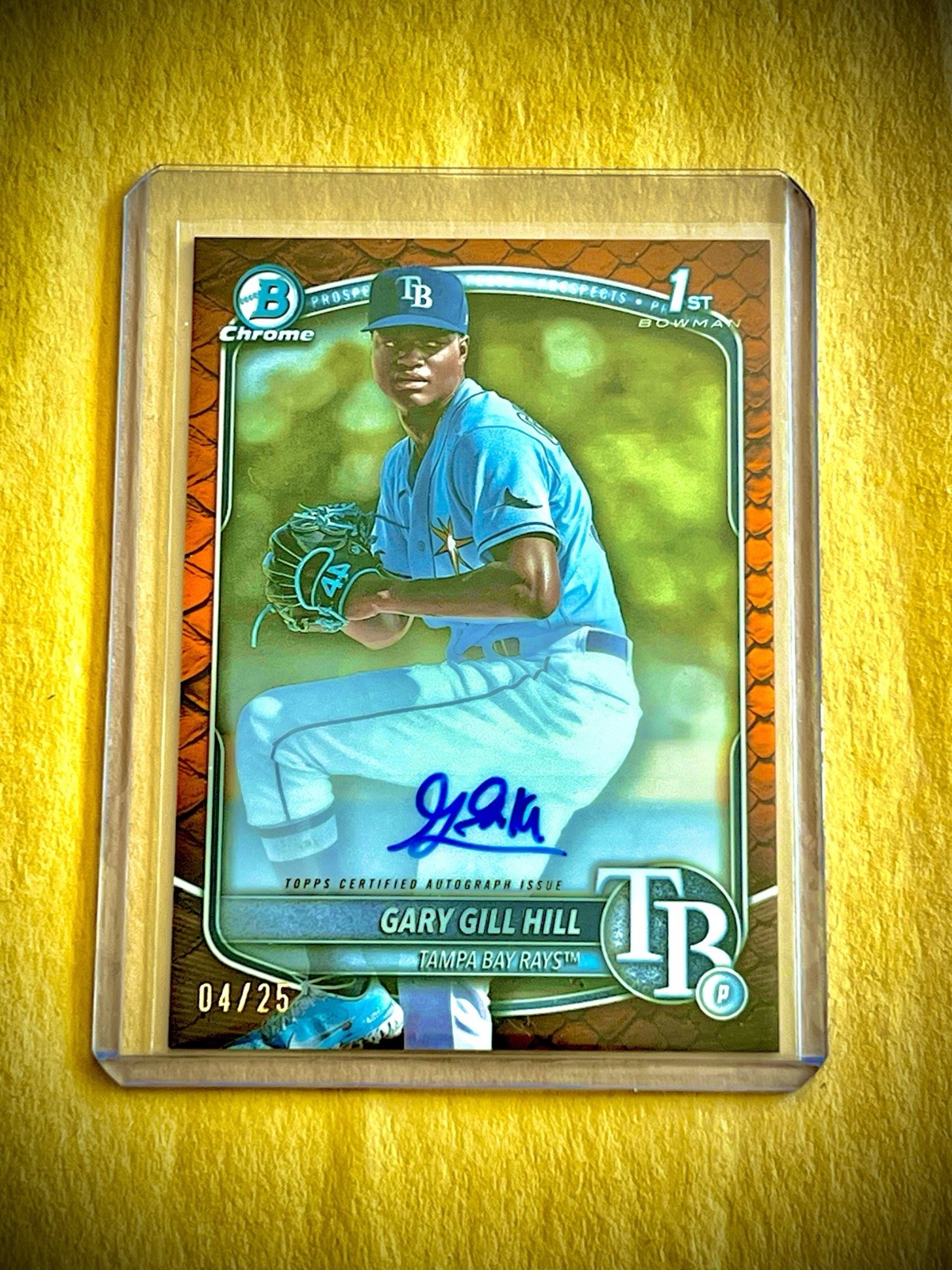 GARY GILL HILL 1st Auto #4/25 2025 Bowman Chrome TB Rays REPTILIAN ORANGE