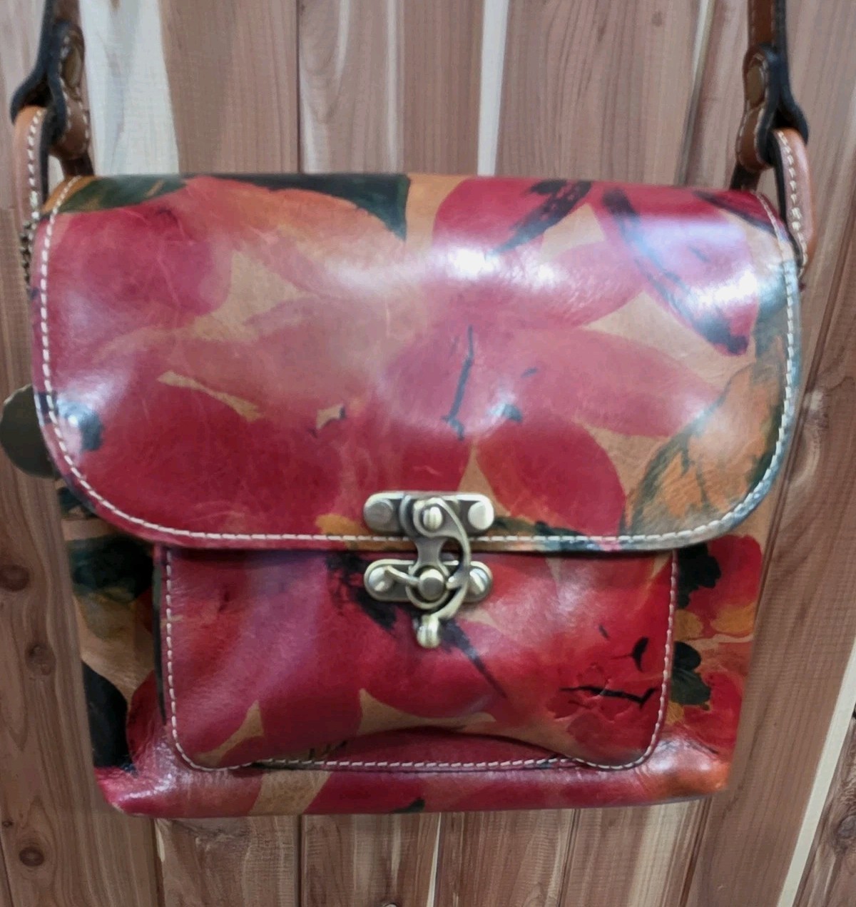 Patricia Nash Painterly Floral Leather Crossbody Bag Red Multi Turn Lock...