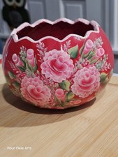 Hand Painted Gourd Bowl Signed Hand Carved Roses Planter Folk Art
