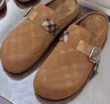 Burberry Women s Brown Suede Check Clogs Adjustable Buckle Strap Comfort 7W