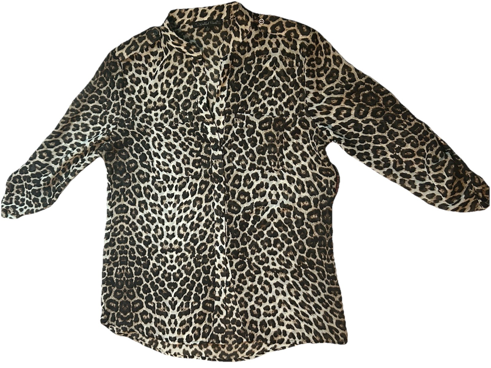 Women’s Long Sleeve Button Up Sheer Blouse Leopard Print w/Cuffed Sleeves Size M