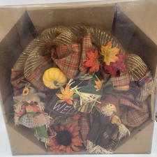 28" Fall Harvest Scarecrow Deco Mesh Wreath Welcome Pumpkin Sunflower Door Decor