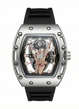 BIBI Luxury Watch B0292 Black Skeleton Dial, Silver Case, Black Silicone Band