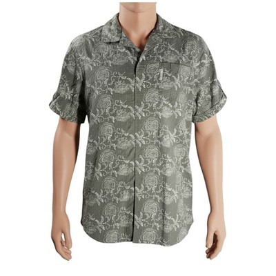 Columbia Hawaiian Aloha Shirt Large Floral Textured Stripes Olive-Green