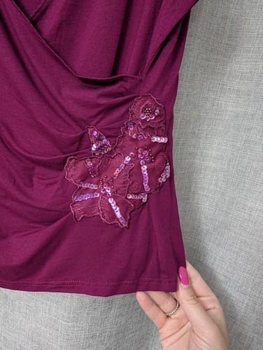 Marks & Spencer Size 14 Y2K Wrap Top Pink Purple Floral Sequin Embroidered - Picture 2 of 6