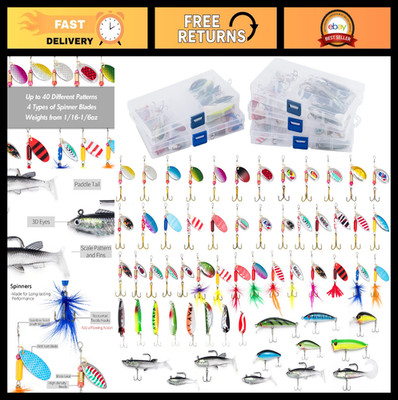 60 Fishing Lures Kit with Tackle Box - Trout, Crappie, Walleye, Bass Spinners &