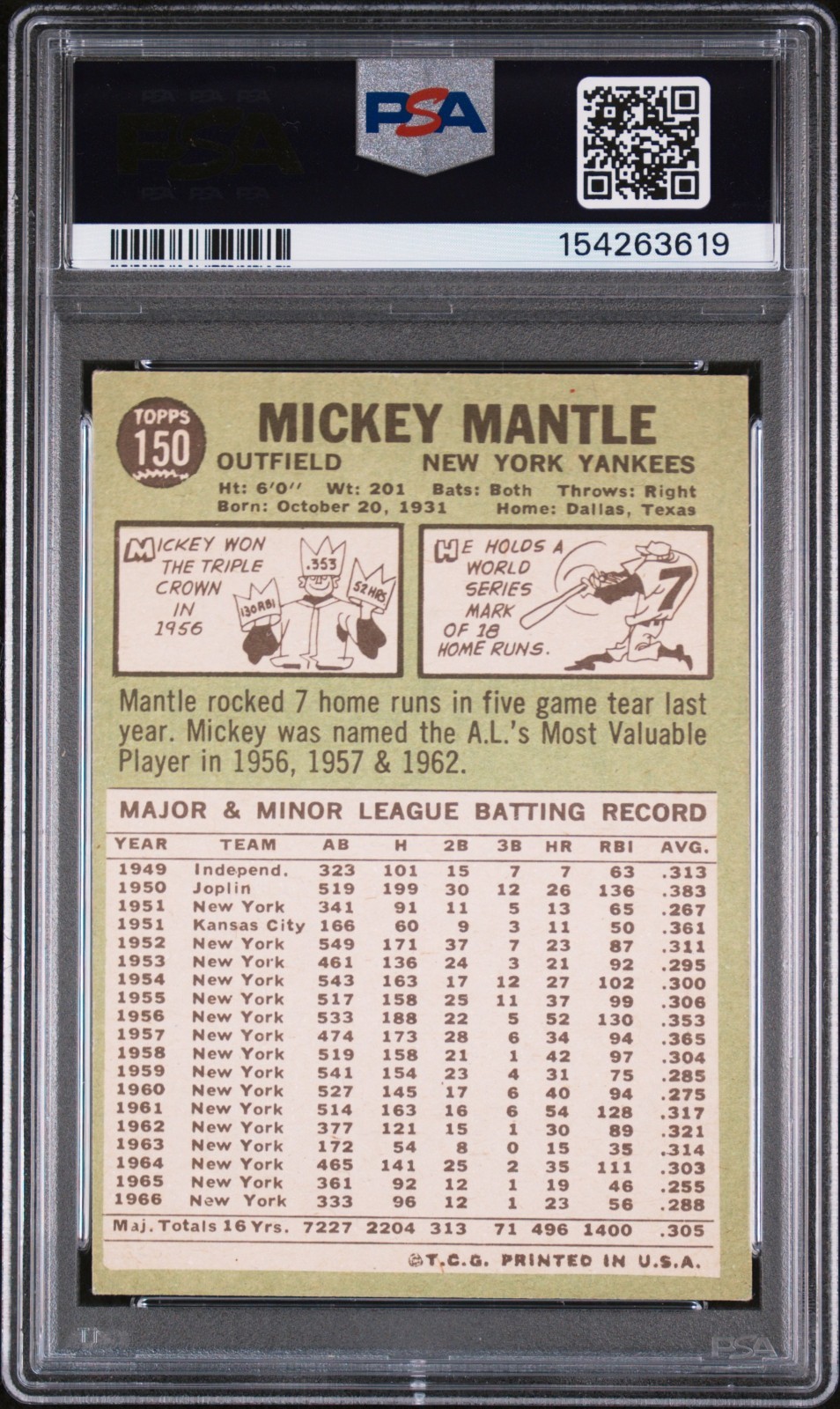 1967 Topps #150 Mickey Mantle HOF  PSA 6  EX-MT (CENTERED!)  view 2
