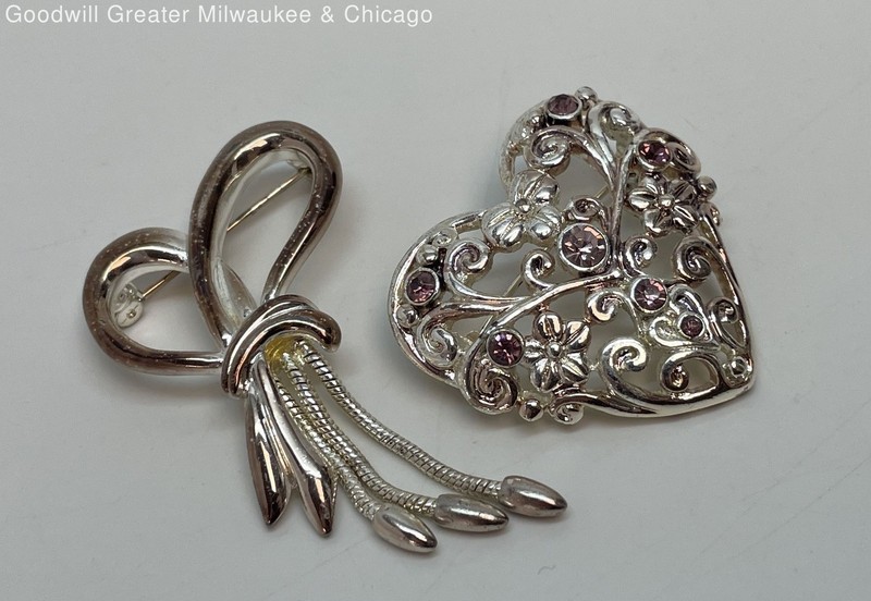 Silver Tone Rhinestone Open Heart Brooch Lot 24.9g