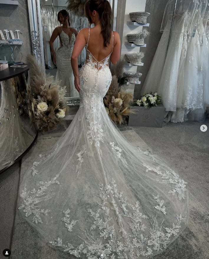 Beach Wedding Dresses Sexy Mermaid Spaghetti Straps Backless V Neck Bridal Gowns - Image 4 of 4