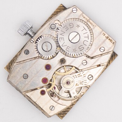 Vintage Titus 19.5 x 26.5 x 5 mm 15-Jewel Wristwatch Movement, Keeps Time 3-5m/d