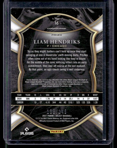 2021 Panini Select Blue Prizm Liam Hendriks /149 #16 - Picture 2 of 2