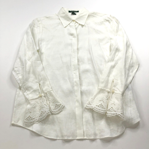 Lauren Ralph Lauren 100% Linen 8 Button Crochet Long Sleeve Shirt White MINT